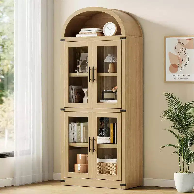 Libreria rustica ad arco da 72 pollici - Mobile espositore alto in legno a 5 ripiani, Armadietto contenitore con ante in vetro/legno