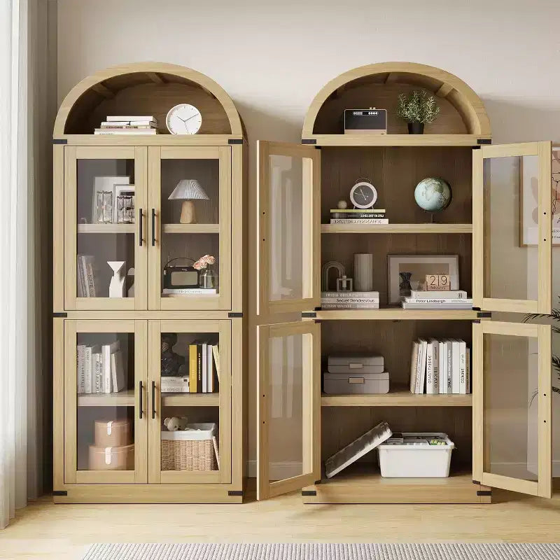 Libreria rustica ad arco da 72 pollici - Mobile espositore alto in legno a 5 ripiani, Armadietto contenitore con ante in vetro/legno