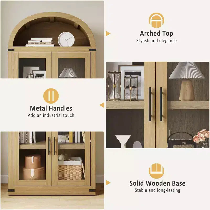 Libreria rustica ad arco da 72 pollici - Mobile espositore alto in legno a 5 ripiani, Armadietto contenitore con ante in vetro/legno