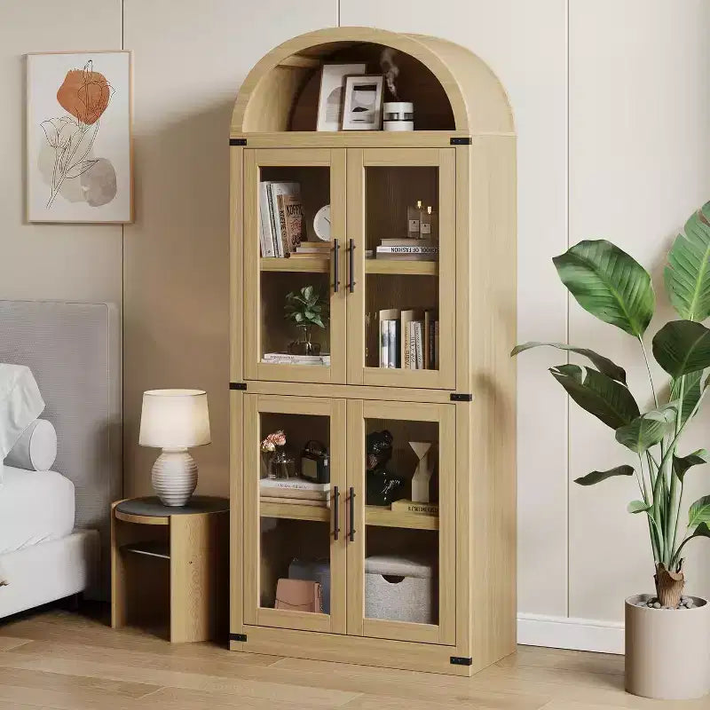 Libreria rustica ad arco da 72 pollici - Mobile espositore alto in legno a 5 ripiani, Armadietto contenitore con ante in vetro/legno