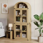 Libreria rustica ad arco da 72 pollici - Mobile espositore alto in legno a 5 ripiani, Armadietto contenitore con ante in vetro/legno