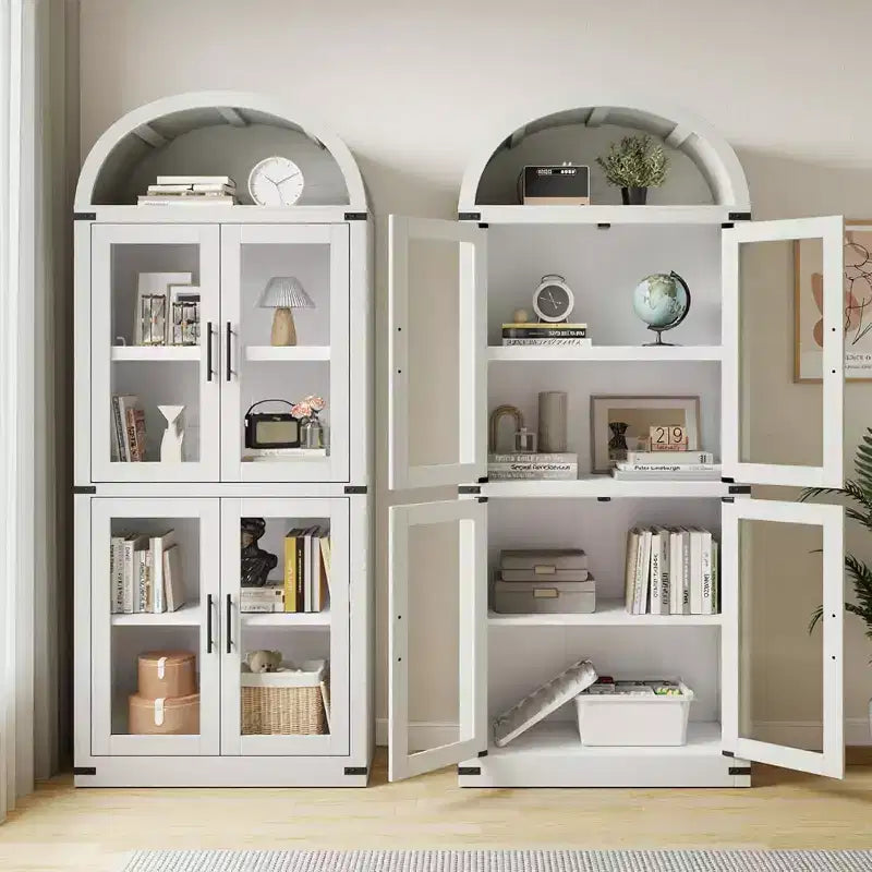 Libreria rustica ad arco da 72 pollici - Mobile espositore alto in legno a 5 ripiani, Armadietto contenitore con ante in vetro/legno