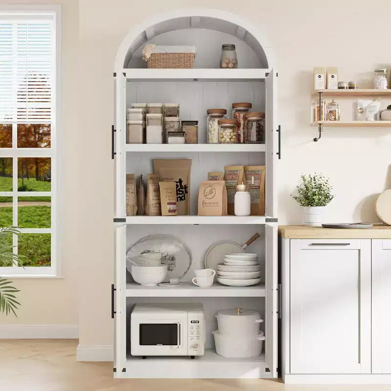Libreria rustica ad arco da 72 pollici - Mobile espositore alto in legno a 5 ripiani, Armadietto contenitore con ante in vetro/legno
