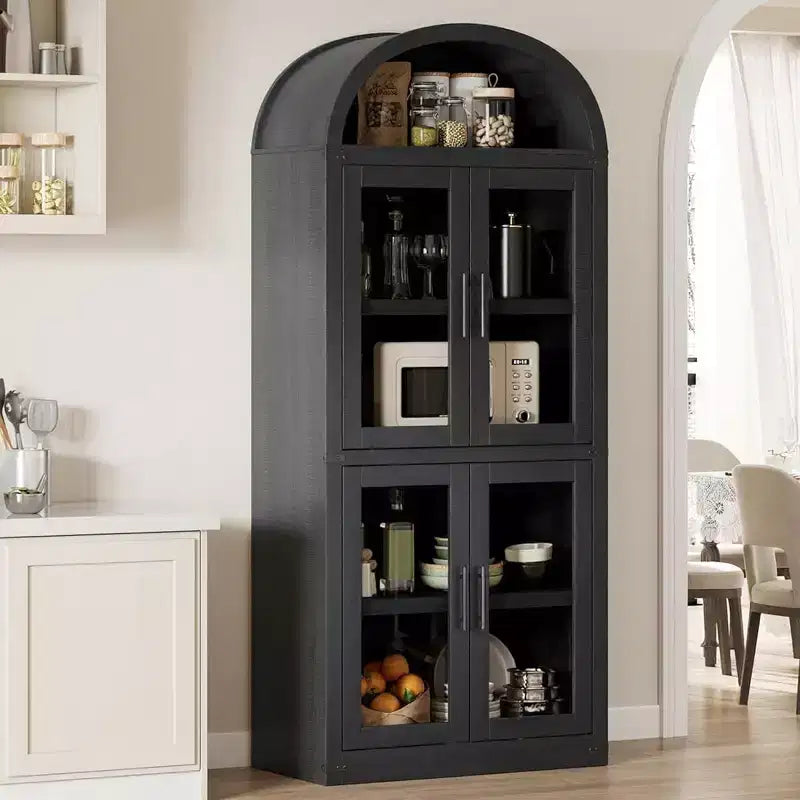 Libreria rustica ad arco da 72 pollici - Mobile espositore alto in legno a 5 ripiani, Armadietto contenitore con ante in vetro/legno