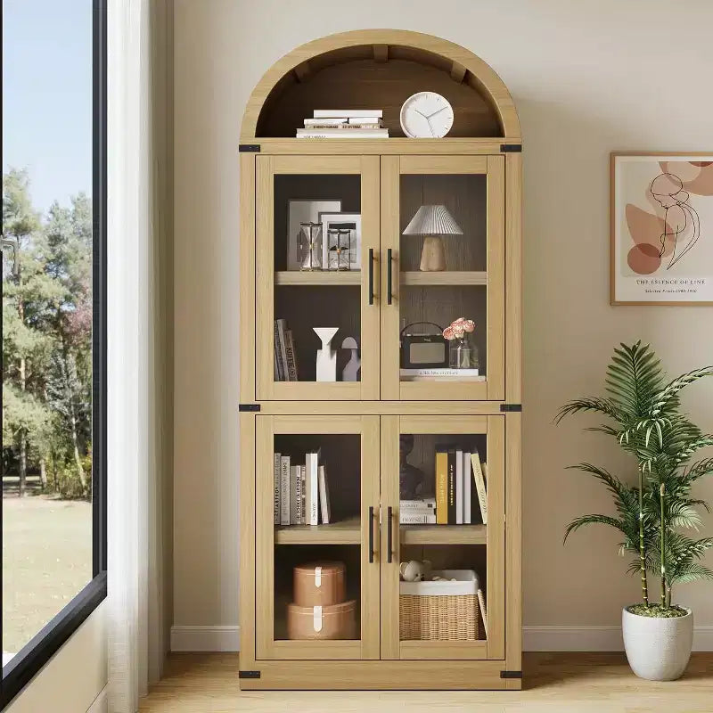 Libreria rustica ad arco da 72 pollici - Mobile espositore alto in legno a 5 ripiani, Armadietto contenitore con ante in vetro/legno