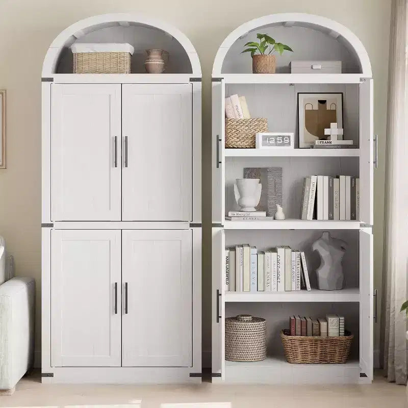 Libreria rustica ad arco da 72 pollici - Mobile espositore alto in legno a 5 ripiani, Armadietto contenitore con ante in vetro/legno