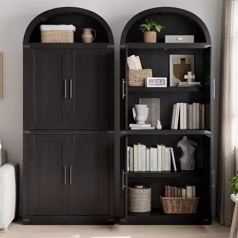 Libreria rustica ad arco da 72 pollici - Mobile espositore alto in legno a 5 ripiani, Armadietto contenitore con ante in vetro/legno