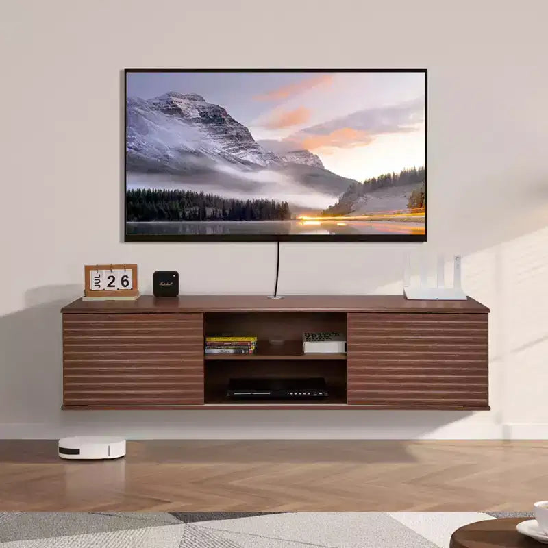 VEVOR Mobile TV Sospeso, Mobile TV da Parete 60" con Ripiano Regolabile e Ante Scorrevoli, Scaffale TV Sospeso a 2 Livelli, Marrone