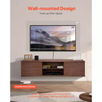 VEVOR Mobile TV Sospeso, Mobile TV da Parete 60" con Ripiano Regolabile e Ante Scorrevoli, Scaffale TV Sospeso a 2 Livelli, Marrone