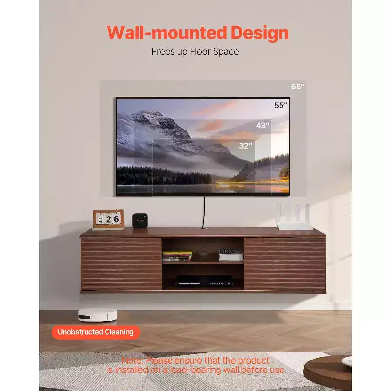 VEVOR Mobile TV Sospeso, Mobile TV da Parete 60" con Ripiano Regolabile e Ante Scorrevoli, Scaffale TV Sospeso a 2 Livelli, Marrone