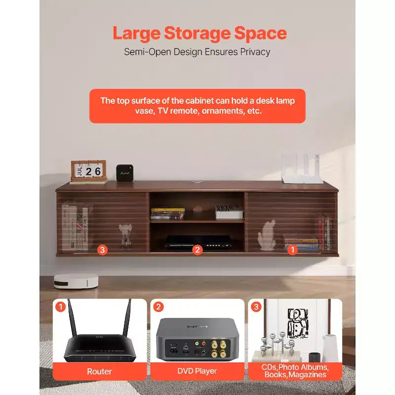 VEVOR Mobile TV Sospeso, Mobile TV da Parete 60" con Ripiano Regolabile e Ante Scorrevoli, Scaffale TV Sospeso a 2 Livelli, Marrone