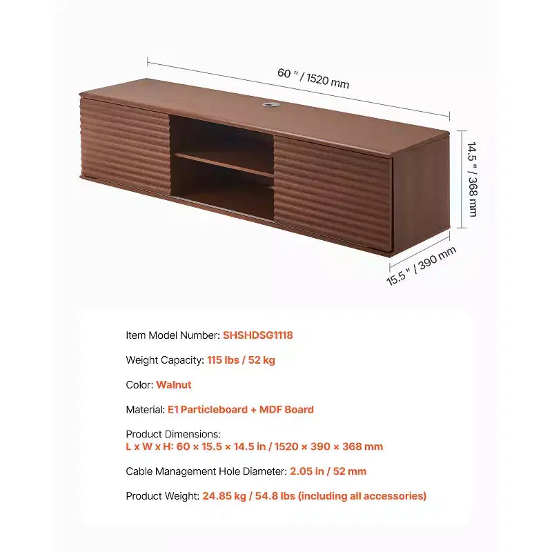 VEVOR Mobile TV Sospeso, Mobile TV da Parete 60" con Ripiano Regolabile e Ante Scorrevoli, Scaffale TV Sospeso a 2 Livelli, Marrone