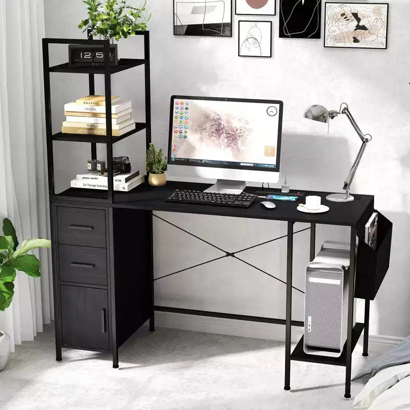 Scrivania da Ufficio Costway con Luci a LED e Prese di Corrente, Scaffali Aperti, 2 Cassetti, Mobiletto