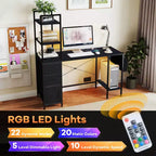 Scrivania da Ufficio Costway con Luci a LED e Prese di Corrente, Scaffali Aperti, 2 Cassetti, Mobiletto