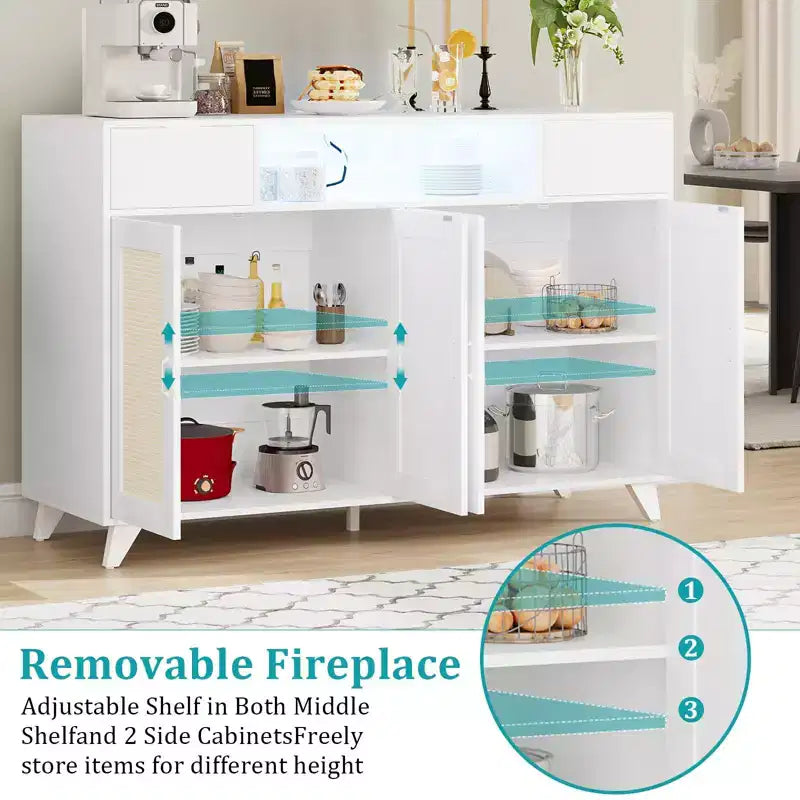 Credenza a buffet in rattan da 47,2 pollici, armadietto portaoggetti accentato con 2 cassetti, tavolino consolle a 4 ante con bar per caffè e presa di corrente