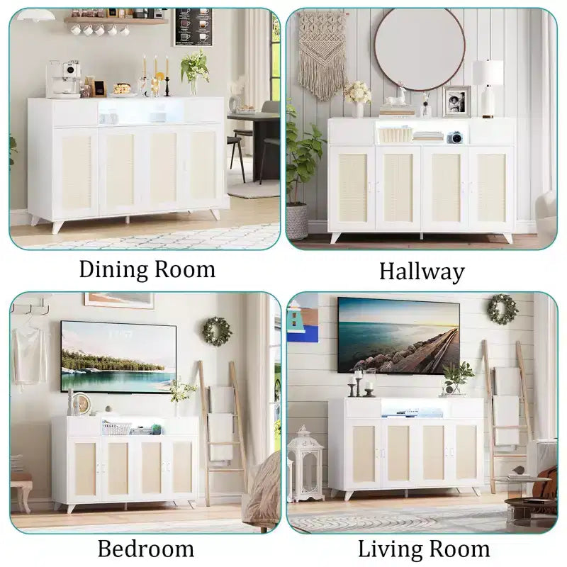 Credenza a buffet in rattan da 47,2 pollici, armadietto portaoggetti accentato con 2 cassetti, tavolino consolle a 4 ante con bar per caffè e presa di corrente