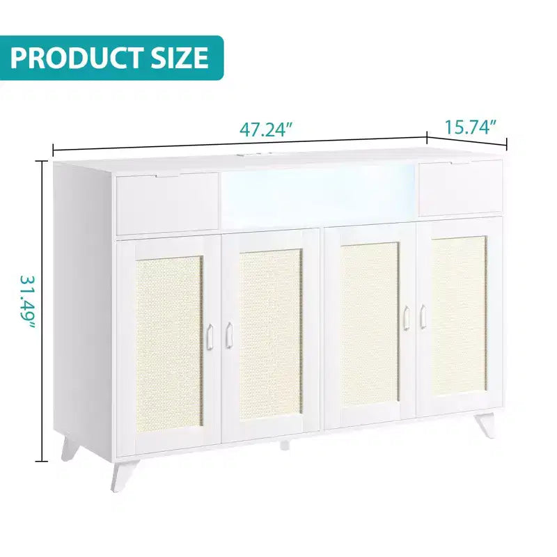 Credenza a buffet in rattan da 47,2 pollici, armadietto portaoggetti accentato con 2 cassetti, tavolino consolle a 4 ante con bar per caffè e presa di corrente