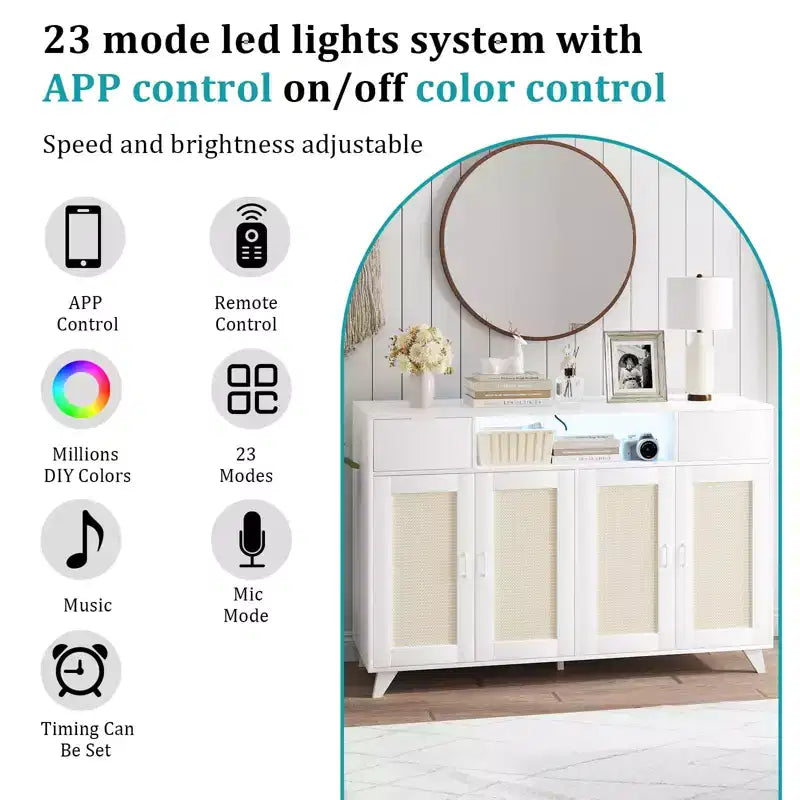 Credenza a buffet in rattan da 47,2 pollici, armadietto portaoggetti accentato con 2 cassetti, tavolino consolle a 4 ante con bar per caffè e presa di corrente