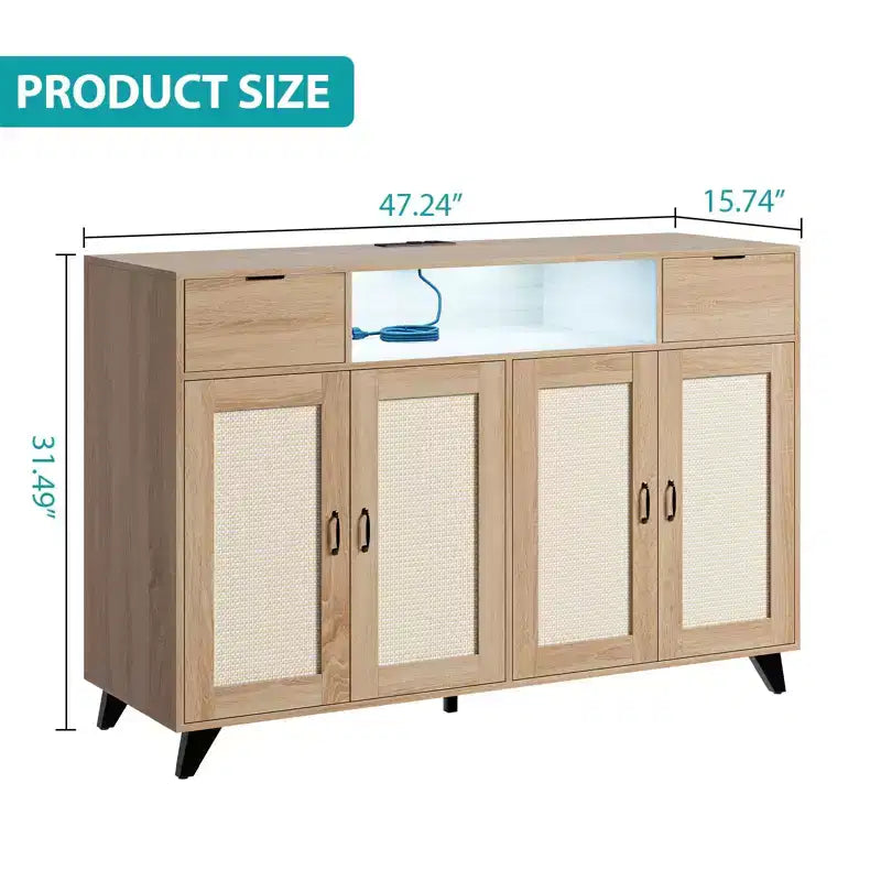 Credenza a buffet in rattan da 47,2 pollici, armadietto portaoggetti accentato con 2 cassetti, tavolino consolle a 4 ante con bar per caffè e presa di corrente