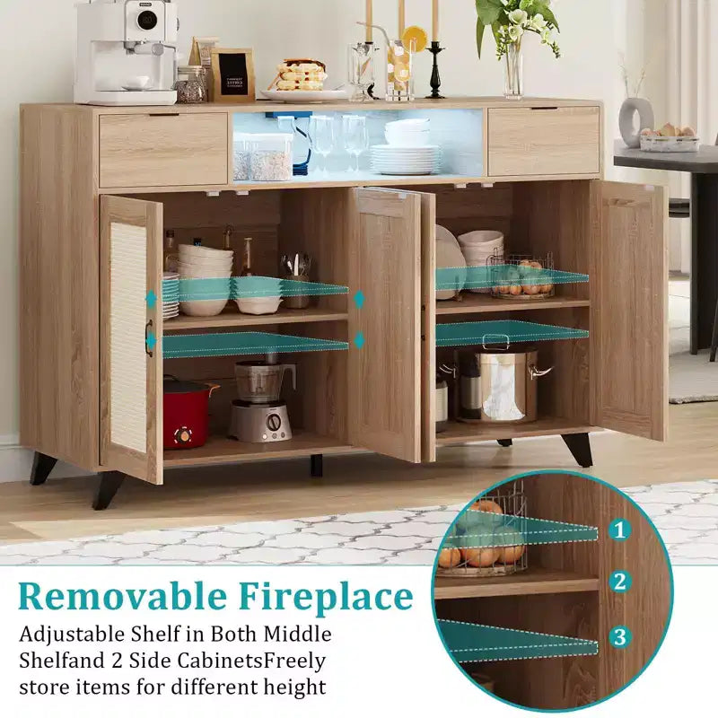 Credenza a buffet in rattan da 47,2 pollici, armadietto portaoggetti accentato con 2 cassetti, tavolino consolle a 4 ante con bar per caffè e presa di corrente