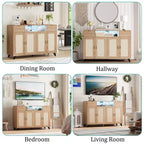 Credenza a buffet in rattan da 47,2 pollici, armadietto portaoggetti accentato con 2 cassetti, tavolino consolle a 4 ante con bar per caffè e presa di corrente