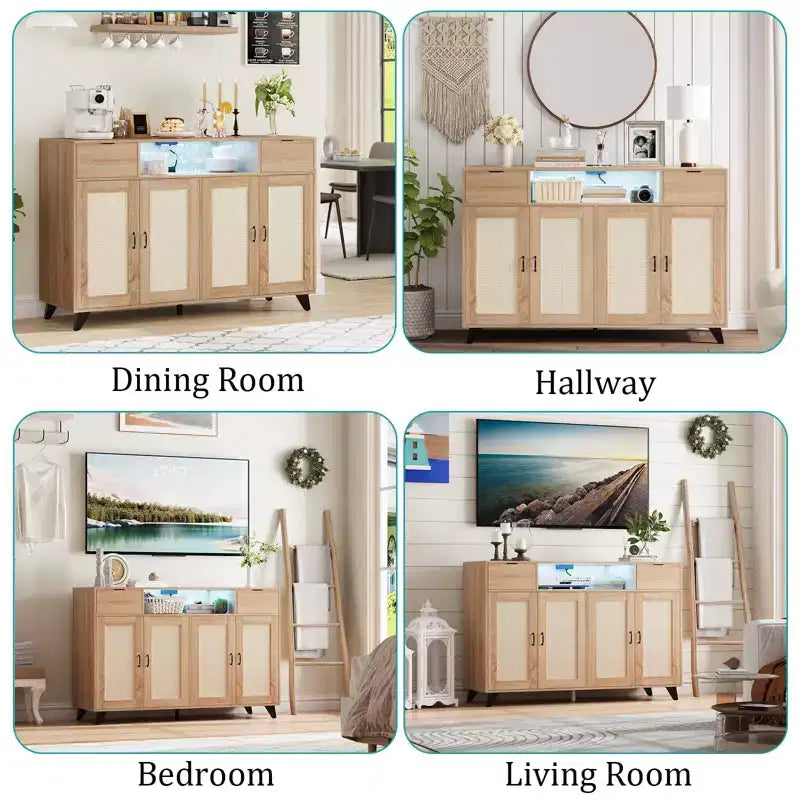 Credenza a buffet in rattan da 47,2 pollici, armadietto portaoggetti accentato con 2 cassetti, tavolino consolle a 4 ante con bar per caffè e presa di corrente