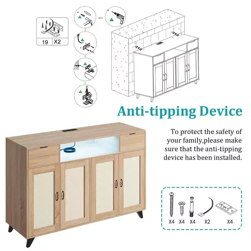 Credenza a buffet in rattan da 47,2 pollici, armadietto portaoggetti accentato con 2 cassetti, tavolino consolle a 4 ante con bar per caffè e presa di corrente