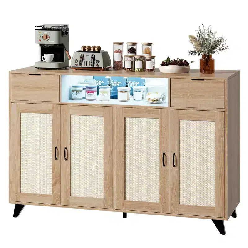 Credenza a buffet in rattan da 47,2 pollici, armadietto portaoggetti accentato con 2 cassetti, tavolino consolle a 4 ante con bar per caffè e presa di corrente