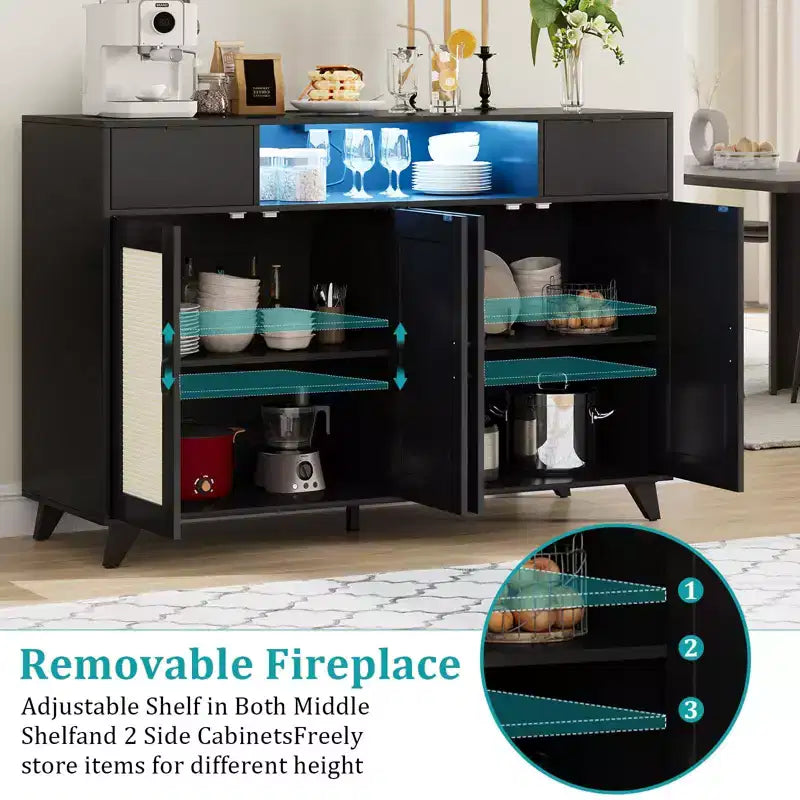 Credenza a buffet in rattan da 47,2 pollici, armadietto portaoggetti accentato con 2 cassetti, tavolino consolle a 4 ante con bar per caffè e presa di corrente