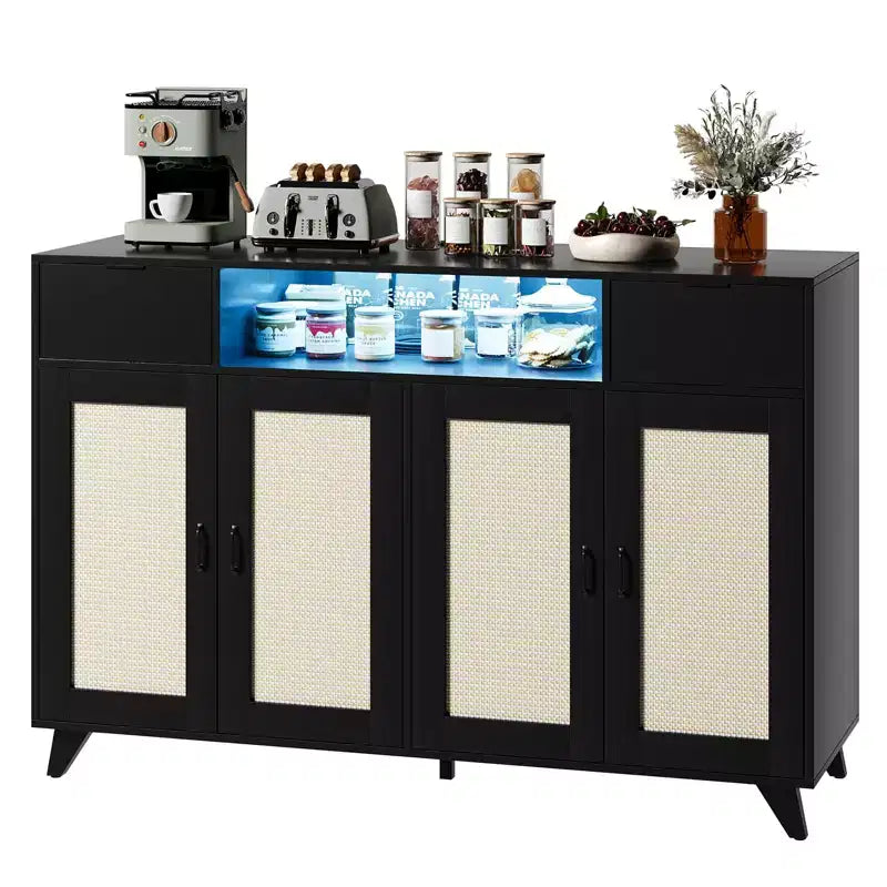 Credenza a buffet in rattan da 47,2 pollici, armadietto portaoggetti accentato con 2 cassetti, tavolino consolle a 4 ante con bar per caffè e presa di corrente