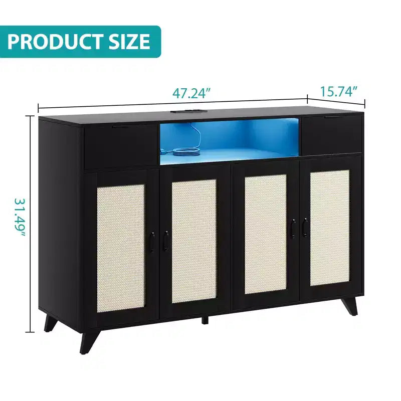 Credenza a buffet in rattan da 47,2 pollici, armadietto portaoggetti accentato con 2 cassetti, tavolino consolle a 4 ante con bar per caffè e presa di corrente