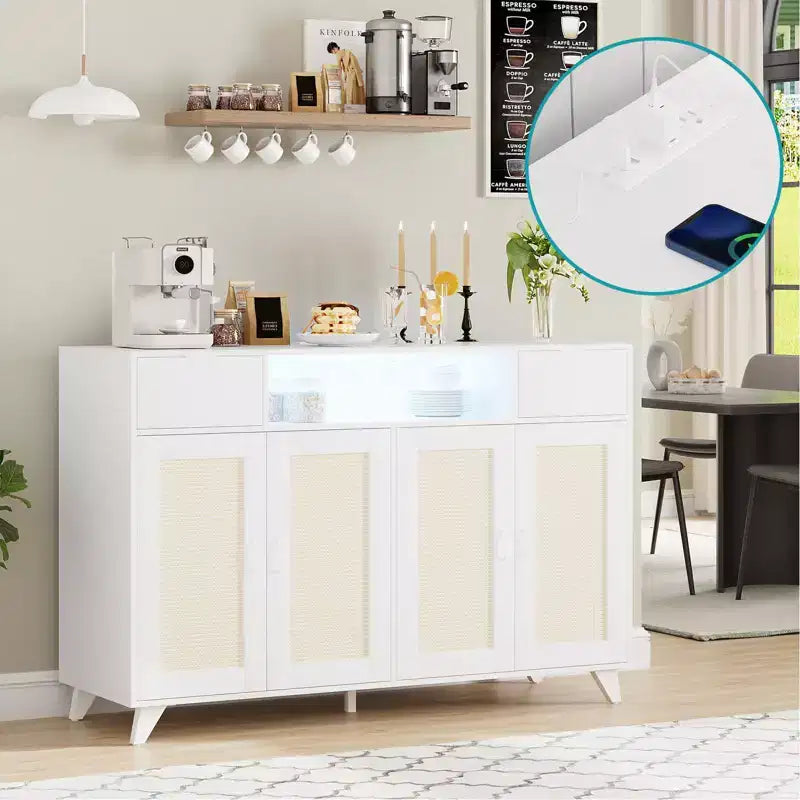 Credenza a buffet in rattan da 47,2 pollici, armadietto portaoggetti accentato con 2 cassetti, tavolino consolle a 4 ante con bar per caffè e presa di corrente