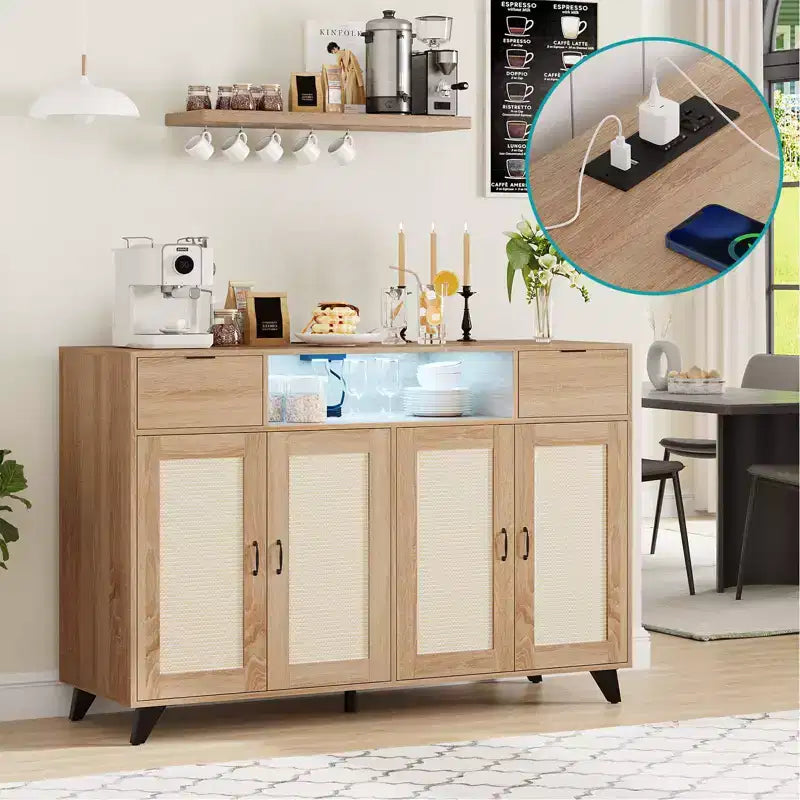 Credenza a buffet in rattan da 47,2 pollici, armadietto portaoggetti accentato con 2 cassetti, tavolino consolle a 4 ante con bar per caffè e presa di corrente