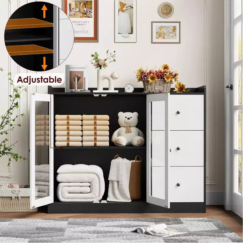 Coolmee 43 Mobile credenza a buffet e contenitore con design a ringhiera, ripiani regolabili e 3 cassetti per cucina e sala da pranzo