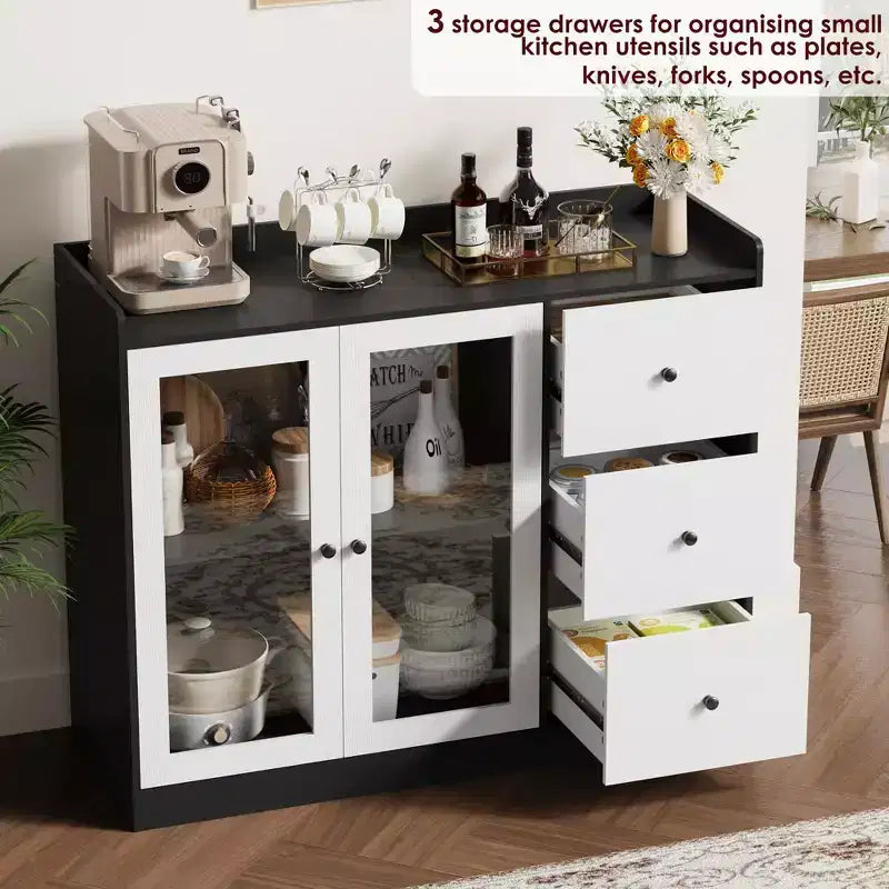 Coolmee 43 Mobile credenza a buffet e contenitore con design a ringhiera, ripiani regolabili e 3 cassetti per cucina e sala da pranzo