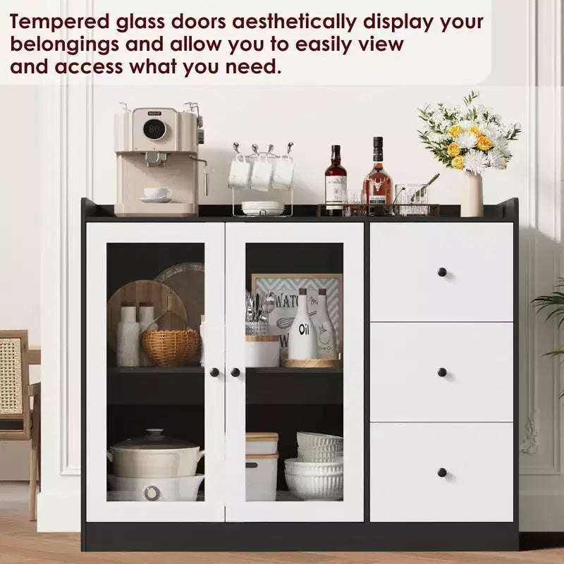 Coolmee 43 Mobile credenza a buffet e contenitore con design a ringhiera, ripiani regolabili e 3 cassetti per cucina e sala da pranzo
