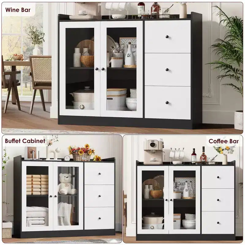 Coolmee 43 Mobile credenza a buffet e contenitore con design a ringhiera, ripiani regolabili e 3 cassetti per cucina e sala da pranzo