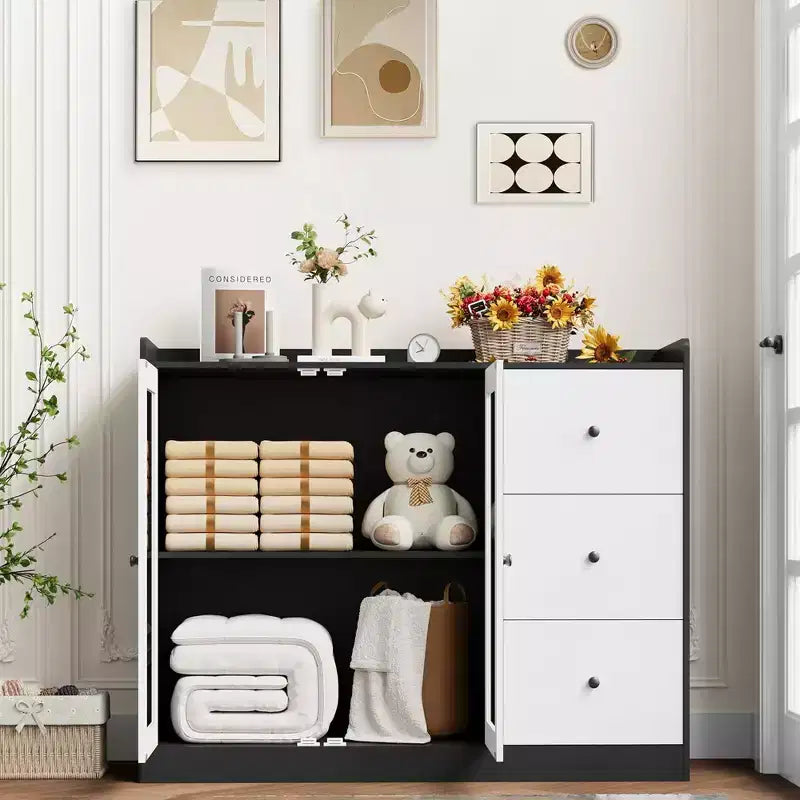 Coolmee 43 Mobile credenza a buffet e contenitore con design a ringhiera, ripiani regolabili e 3 cassetti per cucina e sala da pranzo