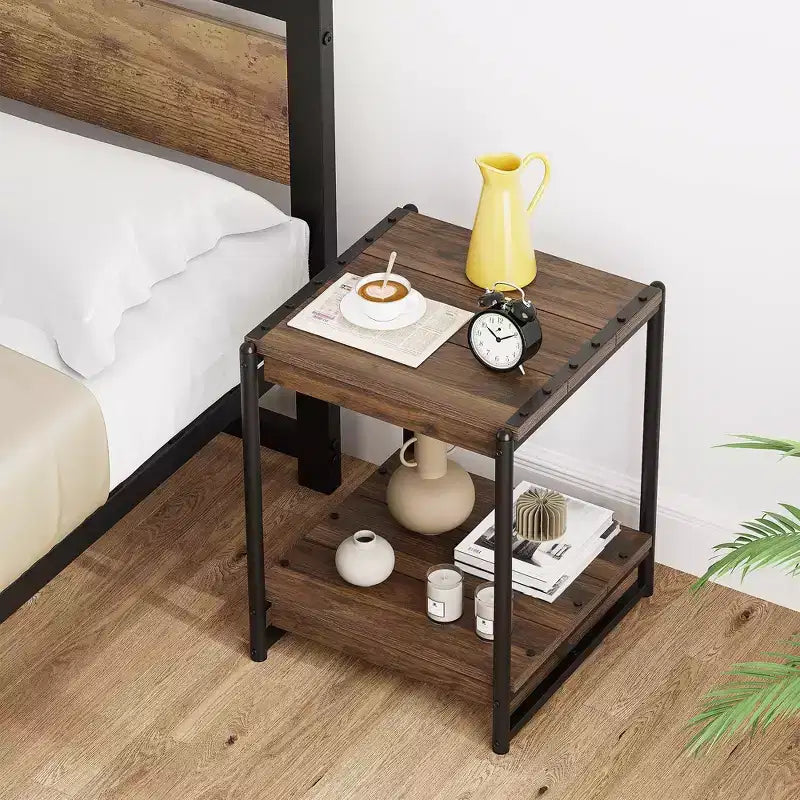 Tavolino contenitore quadrato grande da 50 cm in legno stile rustico con 2 ripiani - Tavolino/comodino da divano letto con struttura in metallo, mobile d'accento moderno