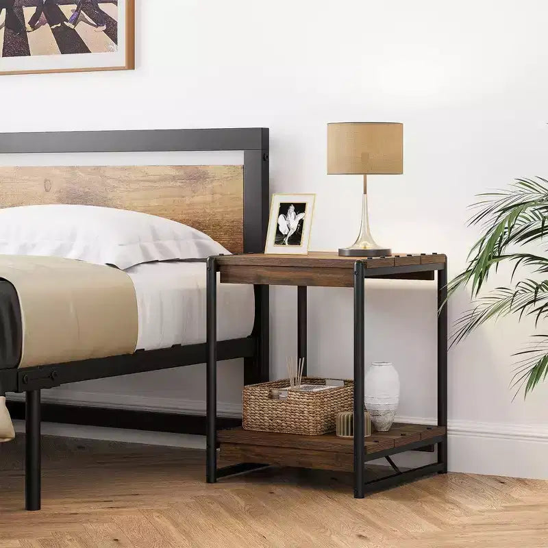 Tavolino contenitore quadrato grande da 50 cm in legno stile rustico con 2 ripiani - Tavolino/comodino da divano letto con struttura in metallo, mobile d'accento moderno