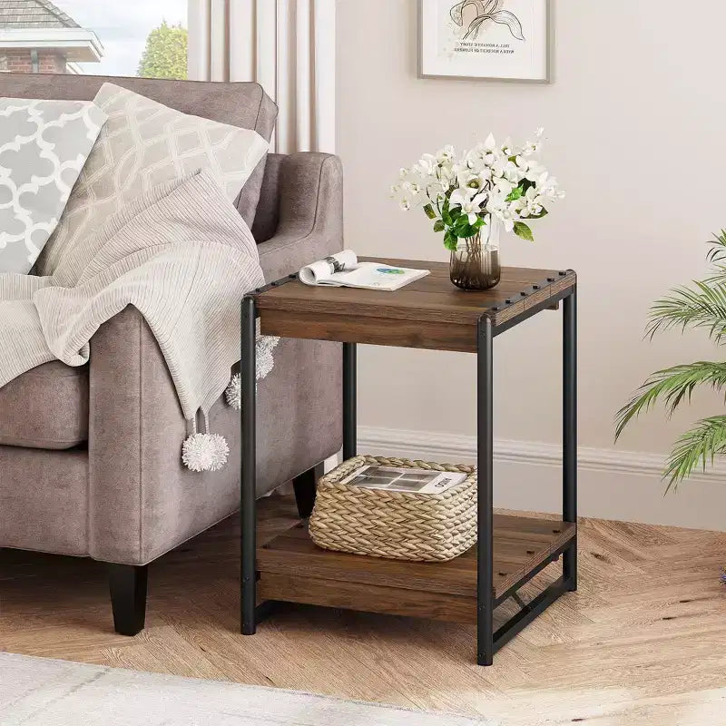 Tavolino contenitore quadrato grande da 50 cm in legno stile rustico con 2 ripiani - Tavolino/comodino da divano letto con struttura in metallo, mobile d'accento moderno