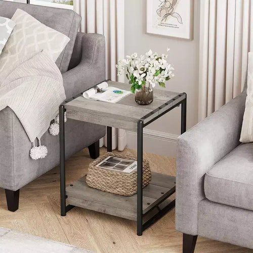 Tavolino contenitore quadrato grande da 50 cm in legno stile rustico con 2 ripiani - Tavolino/comodino da divano letto con struttura in metallo, mobile d'accento moderno