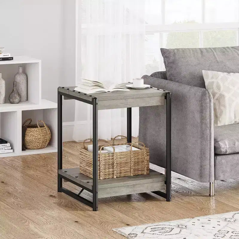 Tavolino contenitore quadrato grande da 50 cm in legno stile rustico con 2 ripiani - Tavolino/comodino da divano letto con struttura in metallo, mobile d'accento moderno