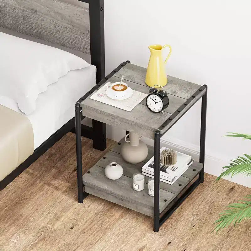 Tavolino contenitore quadrato grande da 50 cm in legno stile rustico con 2 ripiani - Tavolino/comodino da divano letto con struttura in metallo, mobile d'accento moderno