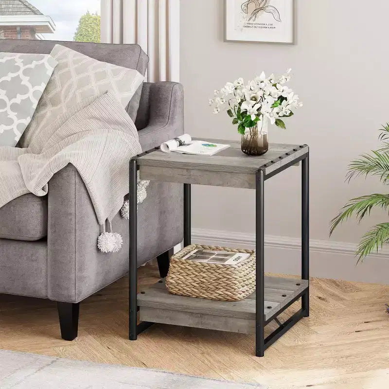 Tavolino contenitore quadrato grande da 50 cm in legno stile rustico con 2 ripiani - Tavolino/comodino da divano letto con struttura in metallo, mobile d'accento moderno
