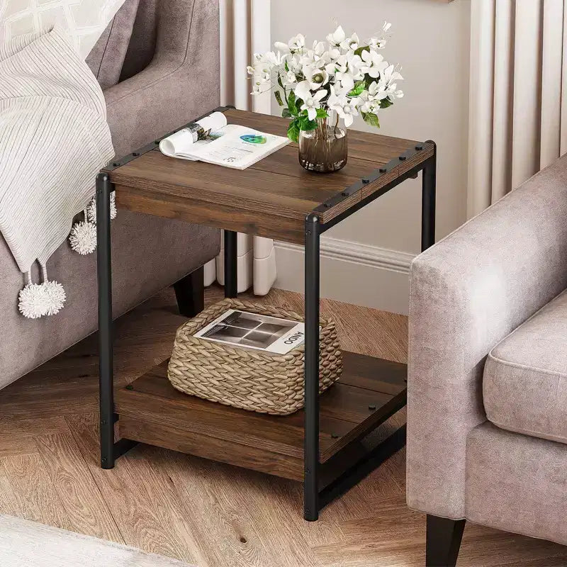 Tavolino contenitore quadrato grande da 50 cm in legno stile rustico con 2 ripiani - Tavolino/comodino da divano letto con struttura in metallo, mobile d'accento moderno