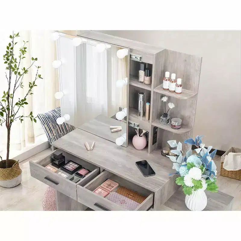 Tavolo da toeletta in truciolare grigio con impiallacciatura in trimina, 5 cassetti, 2 ripiani, specchiera con illuminazione a 3 colori e lampadine dimmerabili