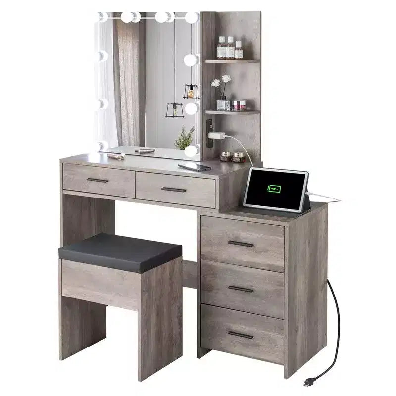 Tavolo da toeletta in truciolare grigio con impiallacciatura in trimina, 5 cassetti, 2 ripiani, specchiera con illuminazione a 3 colori e lampadine dimmerabili