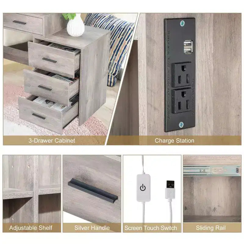 Tavolo da toeletta in truciolare grigio con impiallacciatura in trimina, 5 cassetti, 2 ripiani, specchiera con illuminazione a 3 colori e lampadine dimmerabili