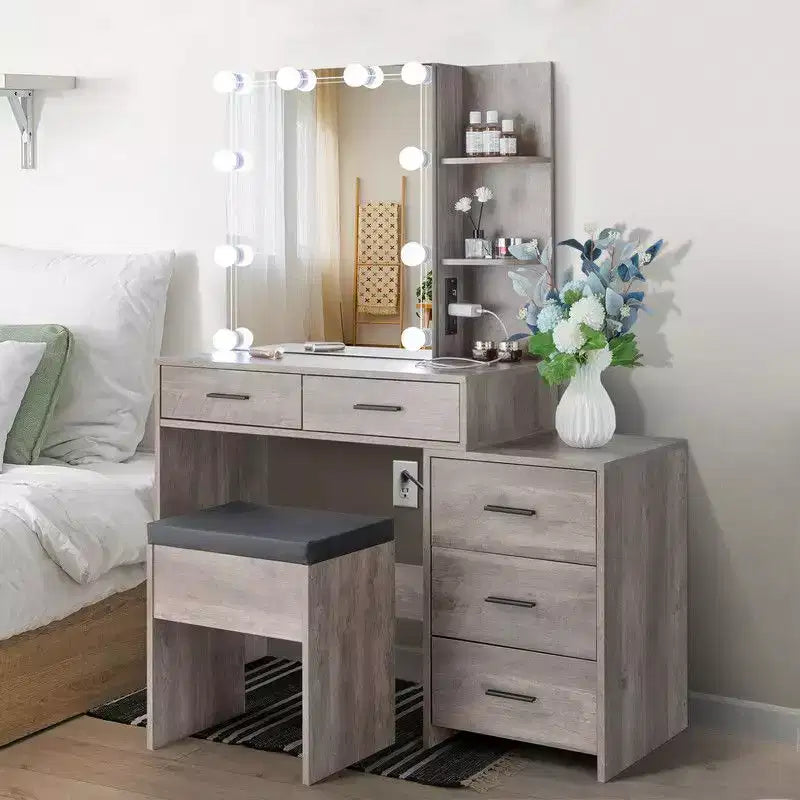 Tavolo da toeletta in truciolare grigio con impiallacciatura in trimina, 5 cassetti, 2 ripiani, specchiera con illuminazione a 3 colori e lampadine dimmerabili